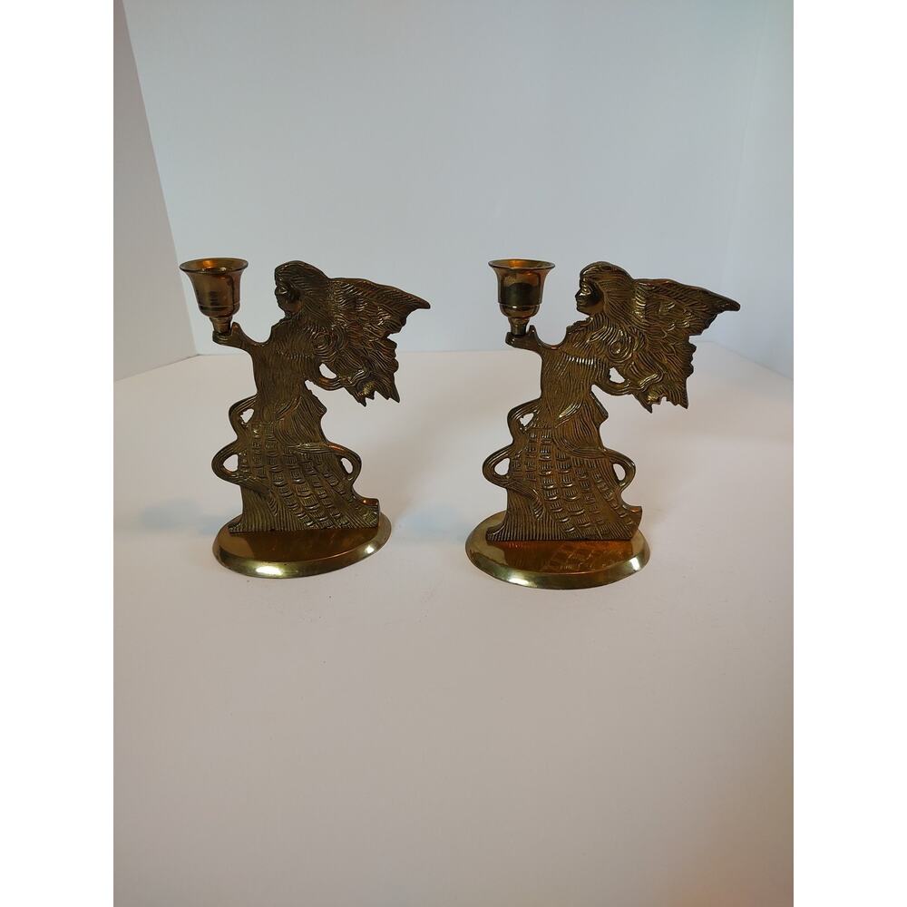 Set of 2~Vintage Brass Christmas Angel Candle Holders ~7 Inches India
